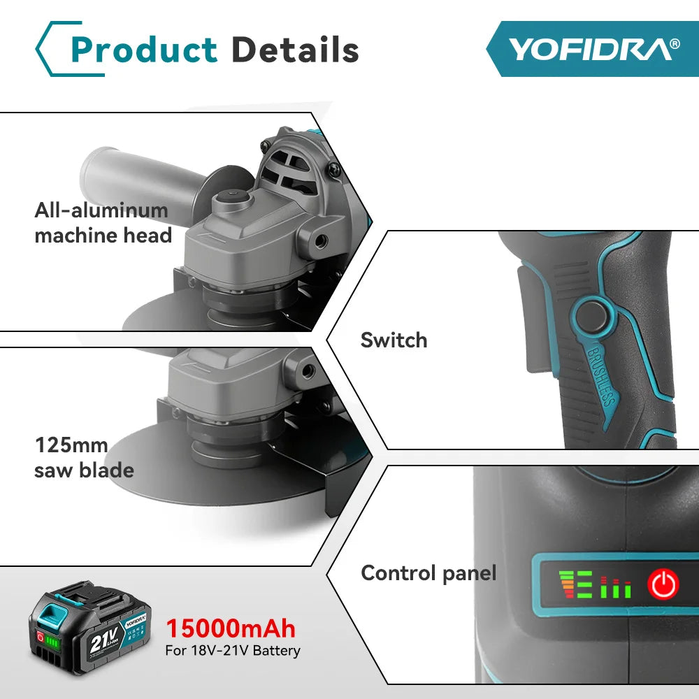 YOFIDRA 125mm Brushless Angle Grinder 3 Gears Cordless Grinding Machine Cutting Woodworking Power Tool For Makita Battery Pin