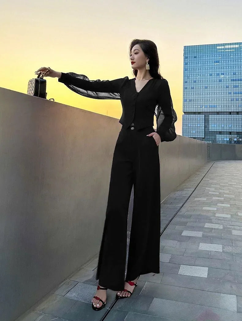 Women Pant Sets for 2 Pieces Red Sexy Holiday Outfits Trousers Woman Spring Autumn Shirt Blouse and Clothing Sales Luxury Full D