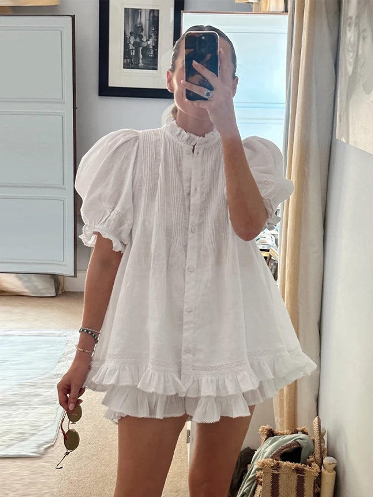 Casual Print Women Shorts Set Ruffles Puff Sleeve Button Top Empire Elastic Waist Pants 2026 Summer Autumn Beach Lady Outfit New