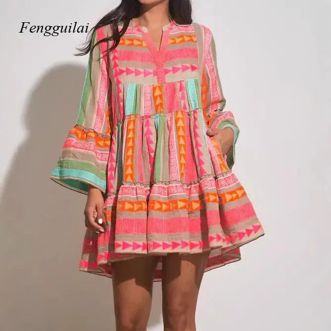 Colorful Boho Tiered Mini Dress with Bell Sleeves, V-Neck Geometric Embroidered Dress, Summer Beach Casual Dress
