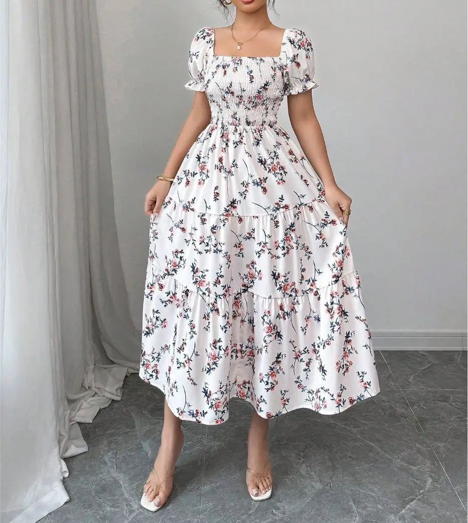Spring and Autumn Women's Square Neck Short Sleeve Long Skirt Fresh Printed Casual Fashion Slight Backless Temperament Dress
