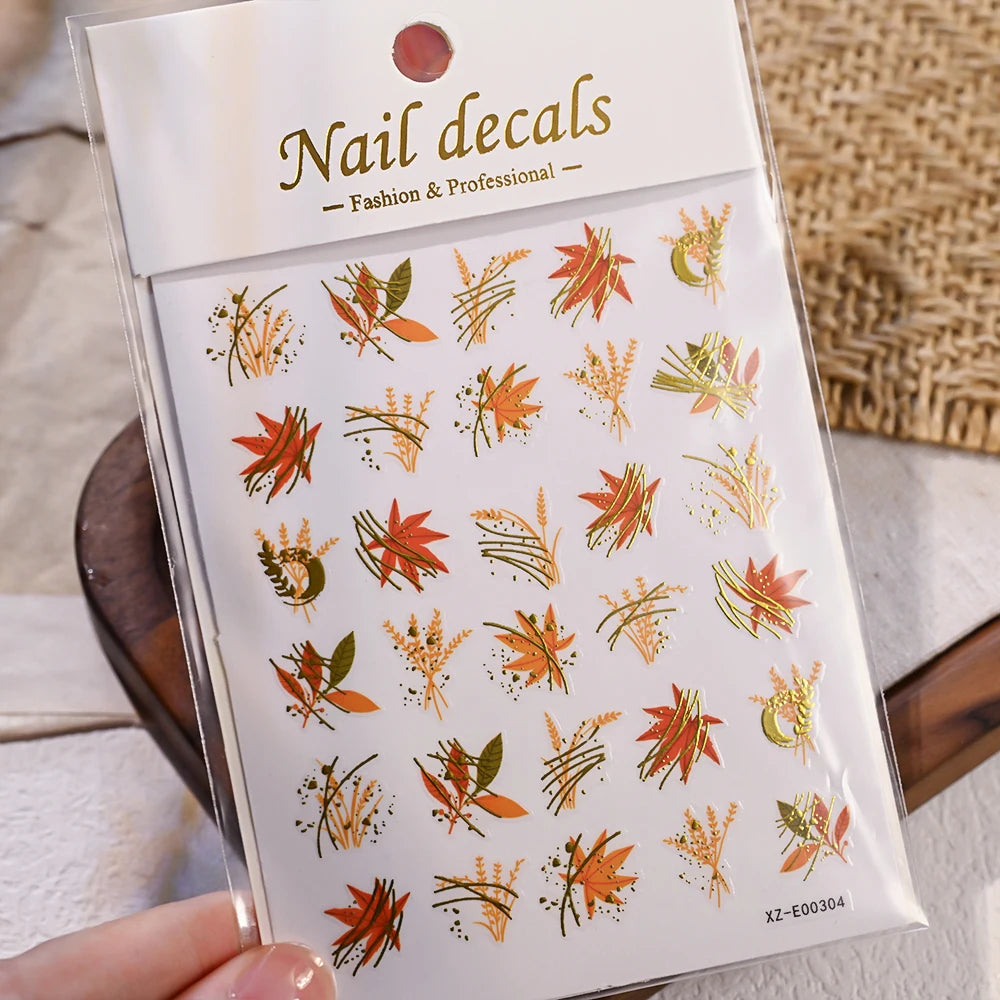 1pcs Autumn Gold Red Maple Leaf Nail Sticker 5D Embossed Jelly Maple Leaves Nail Decals Self-Adhesive Fall Leaf Nail Supplies ^5