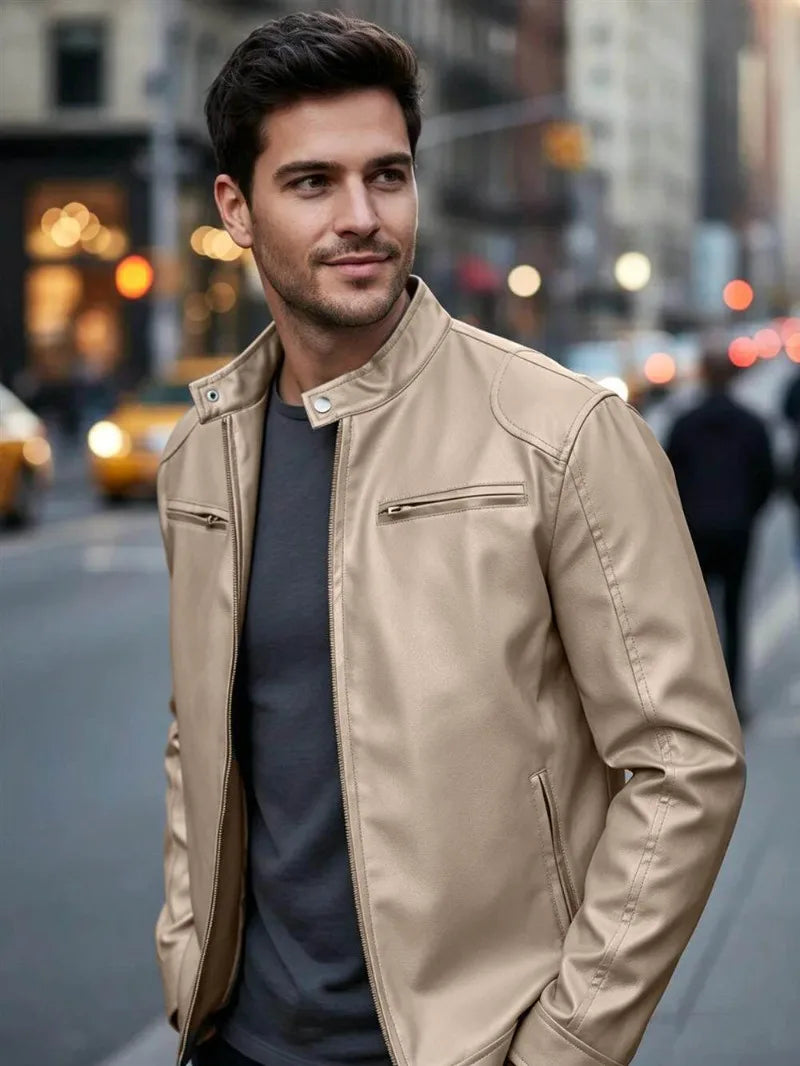 Men's PU leather jacket stand-up collar slim-fit vintage-style biker jacket spring/fall top