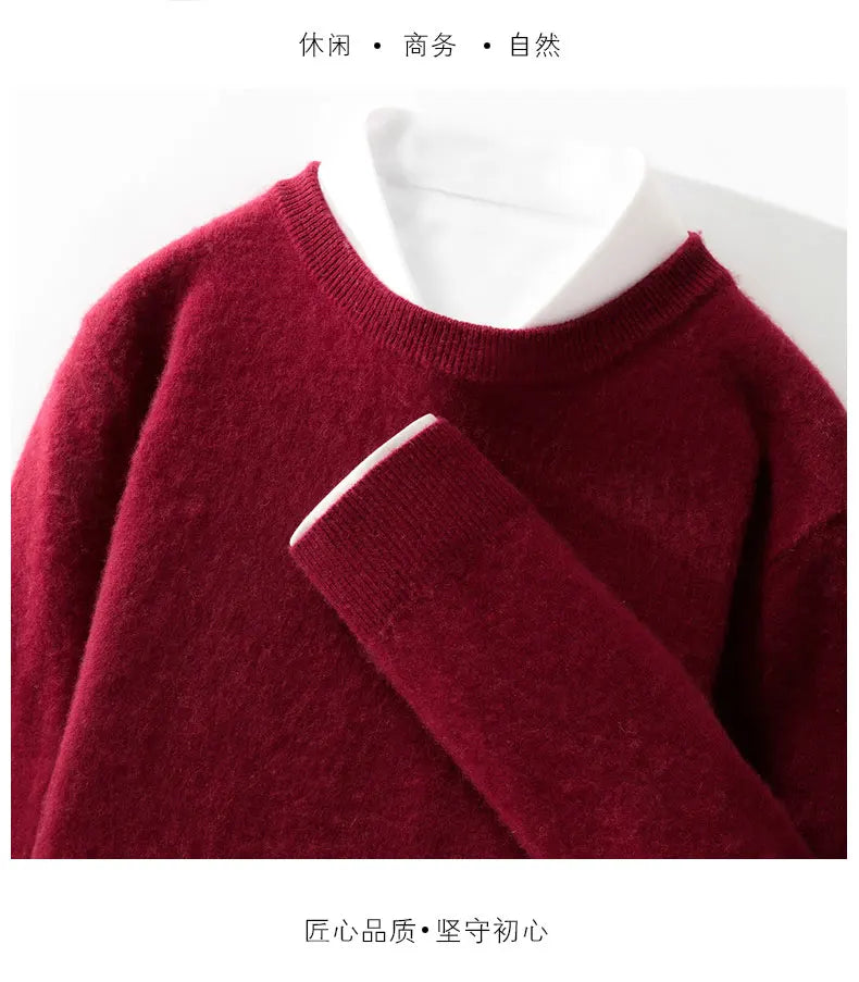 100% wool men's round neck solid color loose knit cashmere pullover for business and leisure, keeping warm in autumn and winter