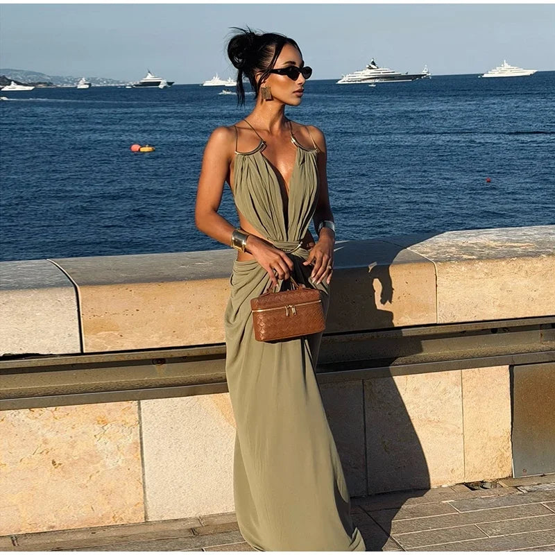 Sexy Hallow Out Long Party Dress Women Slim Sleeveless Backless Chic Pleated V-neck Ring Dresses Female 2026 Summer Lady Robe