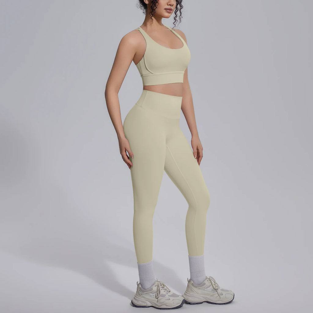 2PCS Yoga Set Summer Gym Sports Running Yoga Clothing Solid Color Cross Bra Workout Top High Waisted Quick Drying Fitness Pants