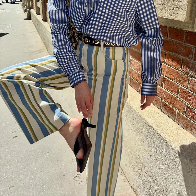 Casual Women's Red Striped Pants Button Zipper Double Pockets Straight Straight Leg Trouser 2026 Spring Summer Fashion Lady Pant