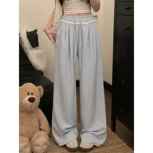 Women Lace Trim Wide Leg Pants Elastic Drawstring Waist Loose Casual Trousers Multiple Colors