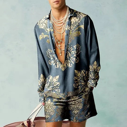 2PCS Suits Men Fashion Shirts+Shorts Two Piece Sets Hawaii Shirts Luxury European Shirt Sets Beach Vocation Outfits Streetwear