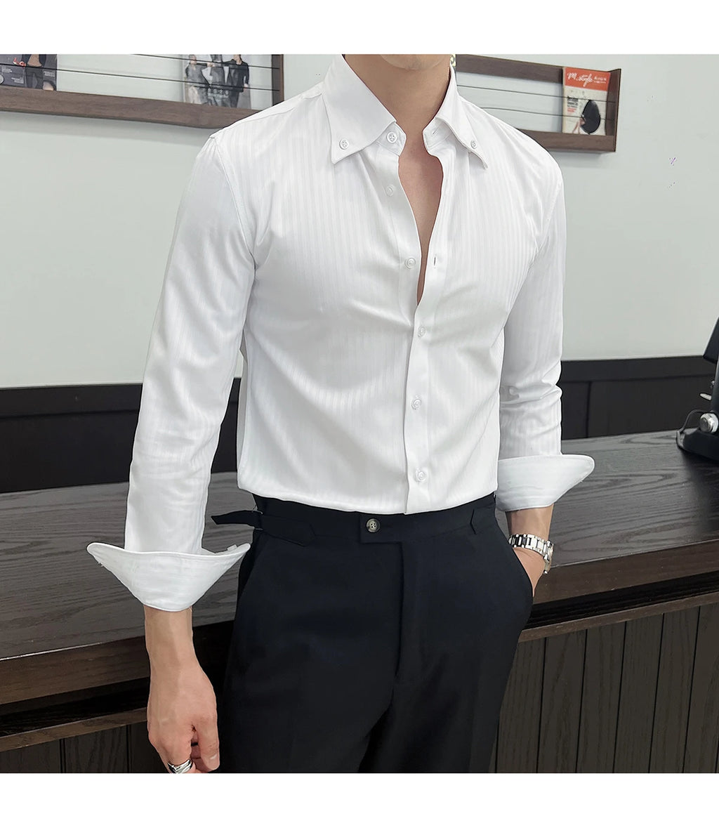 High-quality autumn men's new long-sleeve dark striped slim-fit shirt business casual formal workwear M-4XL