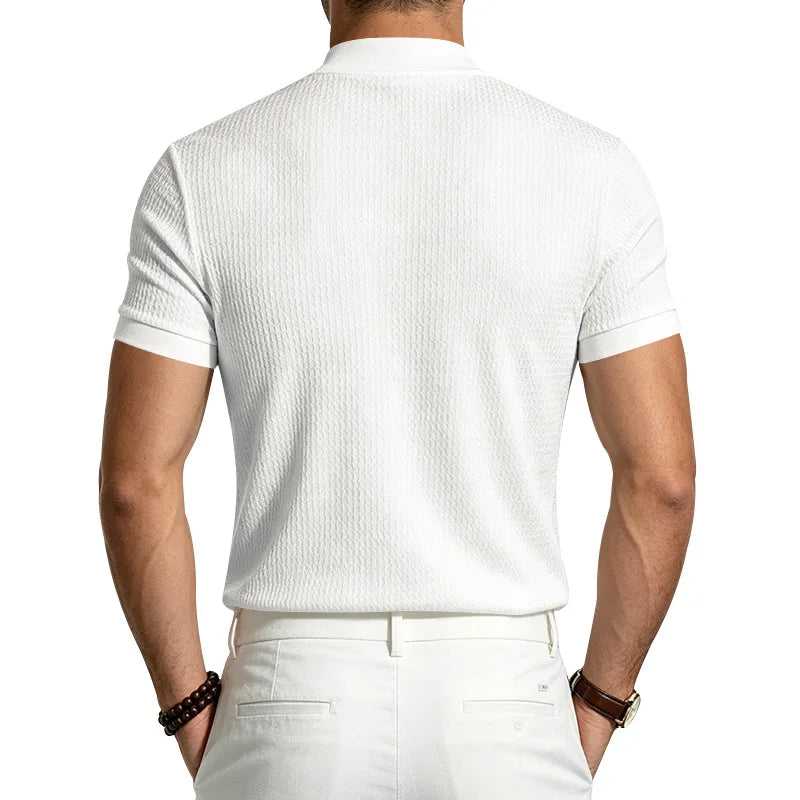 Men Summer Solid Jacquard Textured Mock Neck Short Sleeve T Shirt Slim Fit Simple Versatile Casual Daily Male Basic Tees