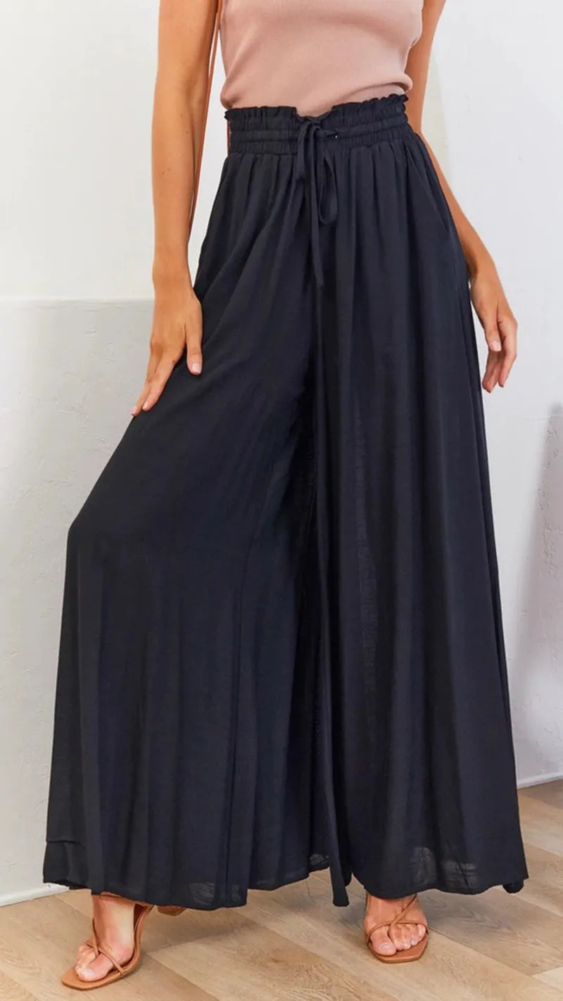 Women's Elastic Long Palazzo Pants Casual Urban Style Tie Detail Polyester Blend Woman Clothes Female Clothing Women's And