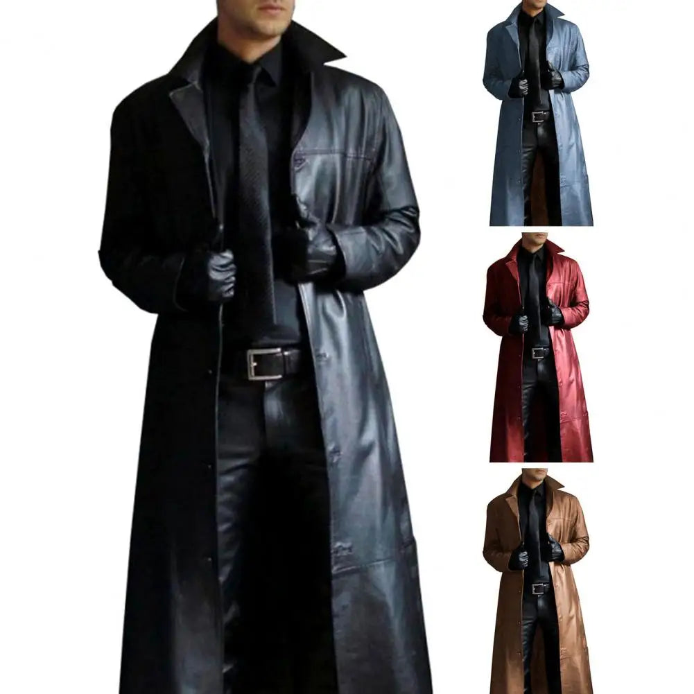 Men Faux Leather Jacket Stylish Men's Faux Leather Trench Coat with Turn-down Collar Windproof Design Slim Fit for Long