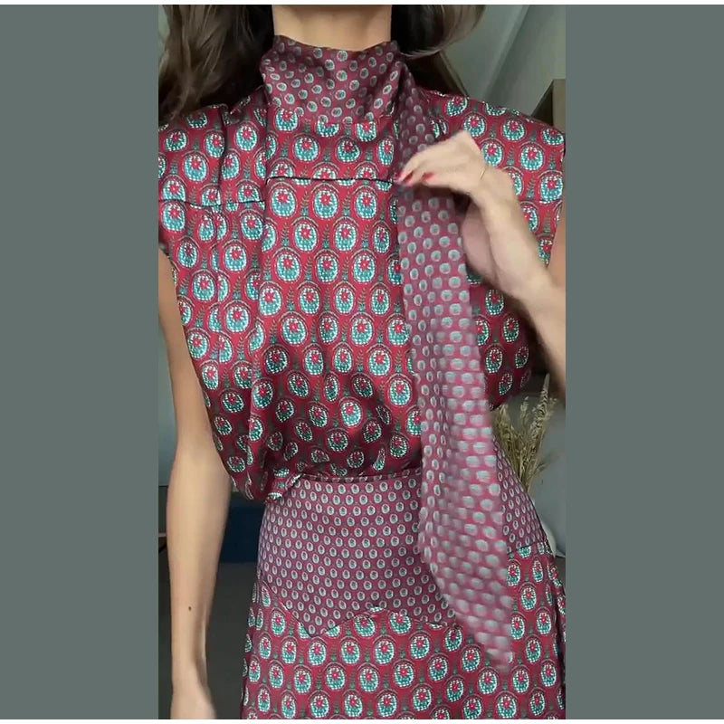 Elegant Printed Women's Vest Skirts Suit Sleeveless Top A-Line Long Skirts Lady Set 2026 Summer Autumn 2 Pieces Set Women