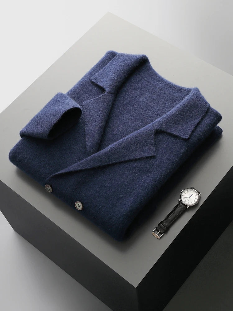100% Merino Wool Sweater Men's Suit Collar Cardigan Smart Casual Knitwear Autumn Winter Cashmere Solid Coat Pockets Clothing Top