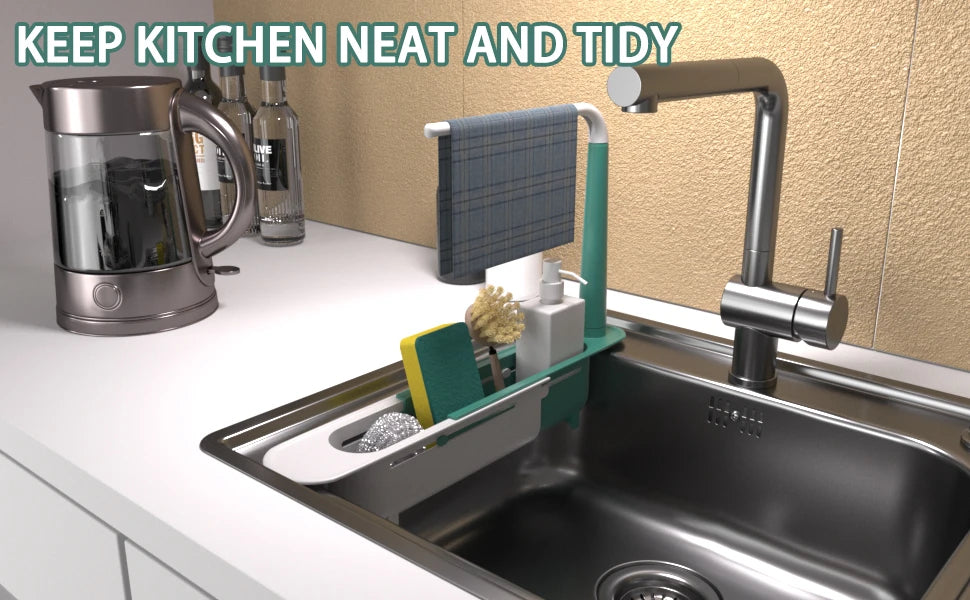 Multipurpose Sink Organizer Rack Telescopic Design with Two Sponge Holders Keeps Kitchen Counter Dry Neat for Cleaning Storage