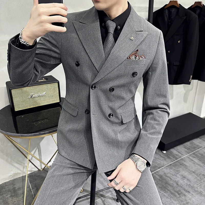 S-7XL ( Blazer + Vest + Pants ) Striped Plaid Solid Color Mens Formal Business Suit 3Pcs Set Groom Wedding Social Show Dress