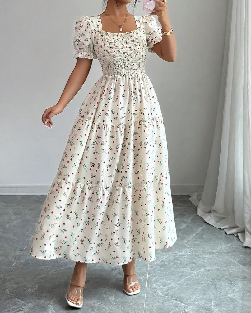 Spring and Autumn Women's Square Neck Short Sleeve Long Skirt Fresh Printed Casual Fashion Slight Backless Temperament Dress