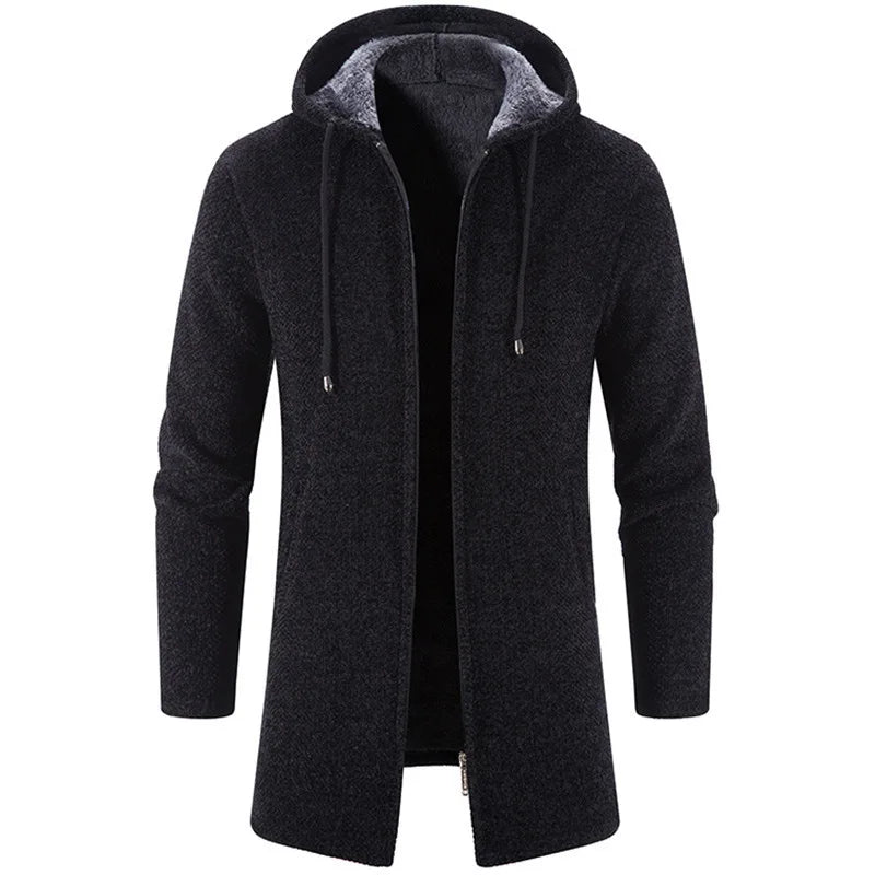 KIDWHXR Man Autumn Winter Cardigan Jacket Fleece Warm Hooded Sweater Coat Male Mid Length Long Sleeve Male Casual Outerwear