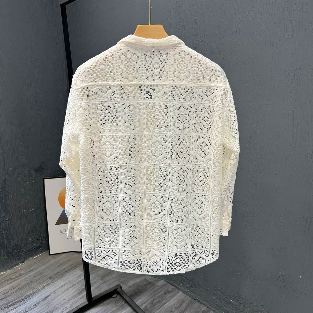 2025 Men New Summer Long-sleeved Jacket Hollow Trendy Top Thin Cool Breathable Shirt