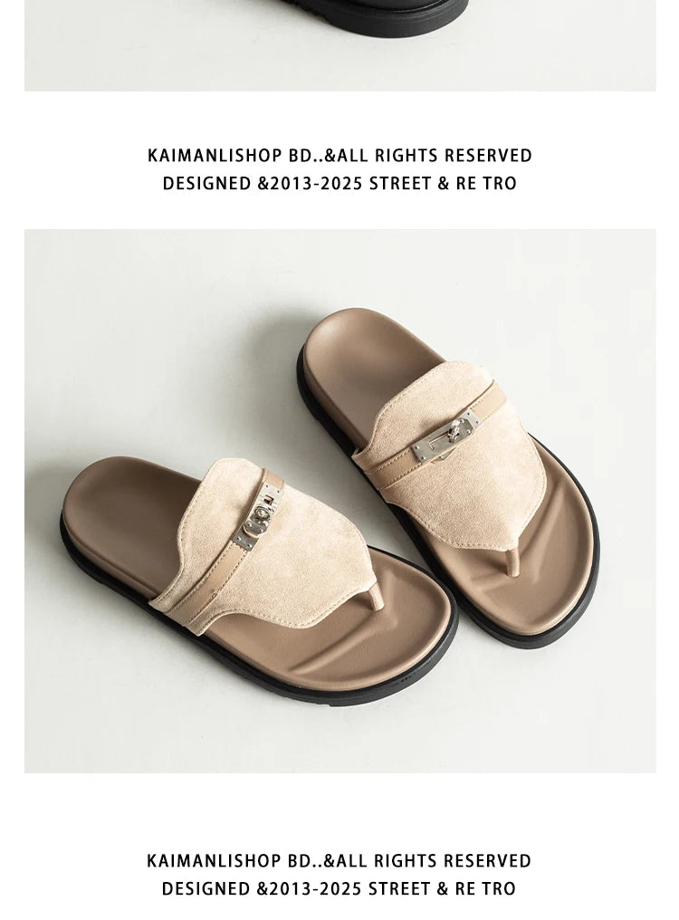 British Style Thick Bottom Slip-On Sandals Women Summer Foot-Strap Leather Half Slippers Beach Flat Heel Casual Shoes