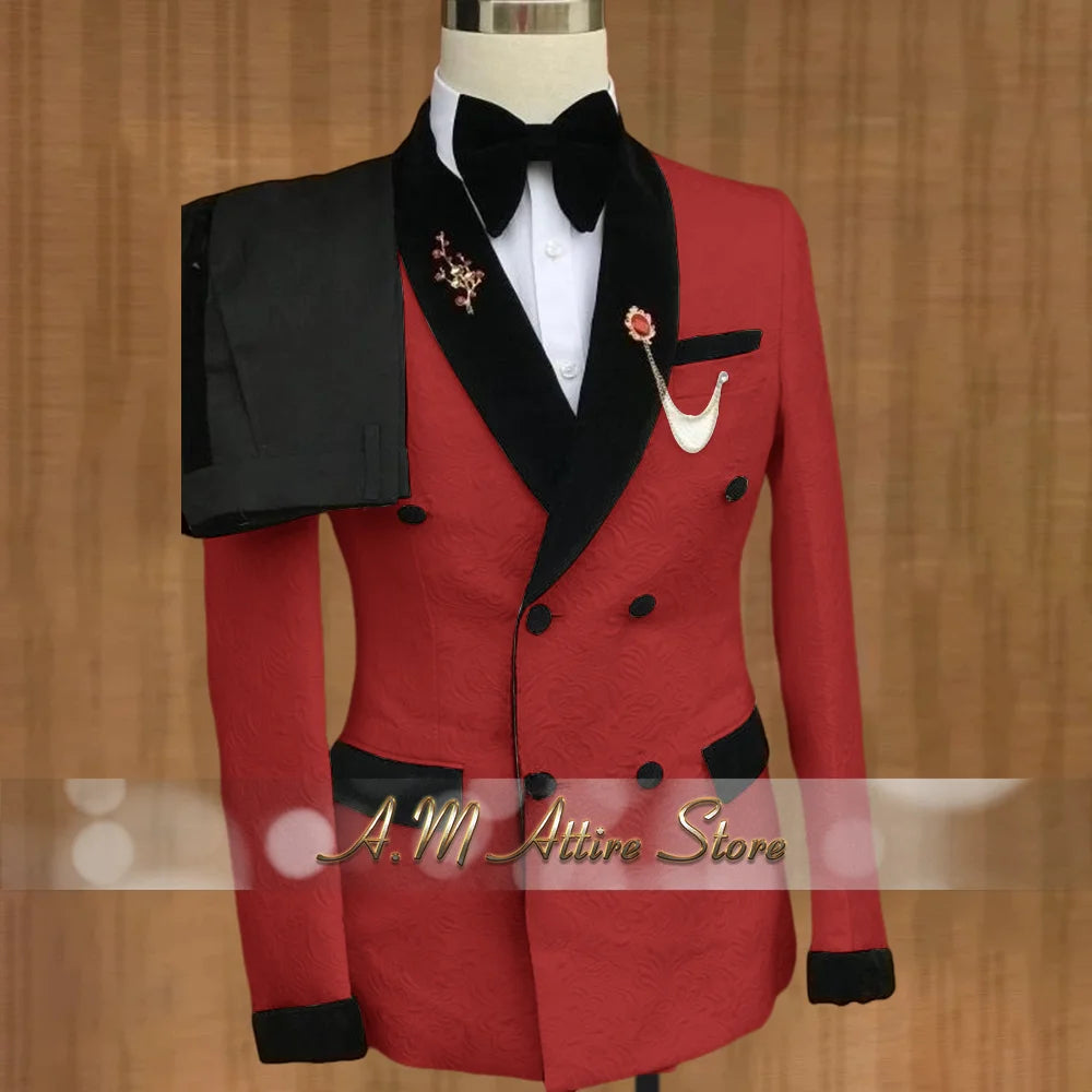 Luxury Wedding Attire for Men Tailored White Jacquard Suit with Black Velvet Shawl Lapel Accents for Grooms & Bridal Party 2PCS