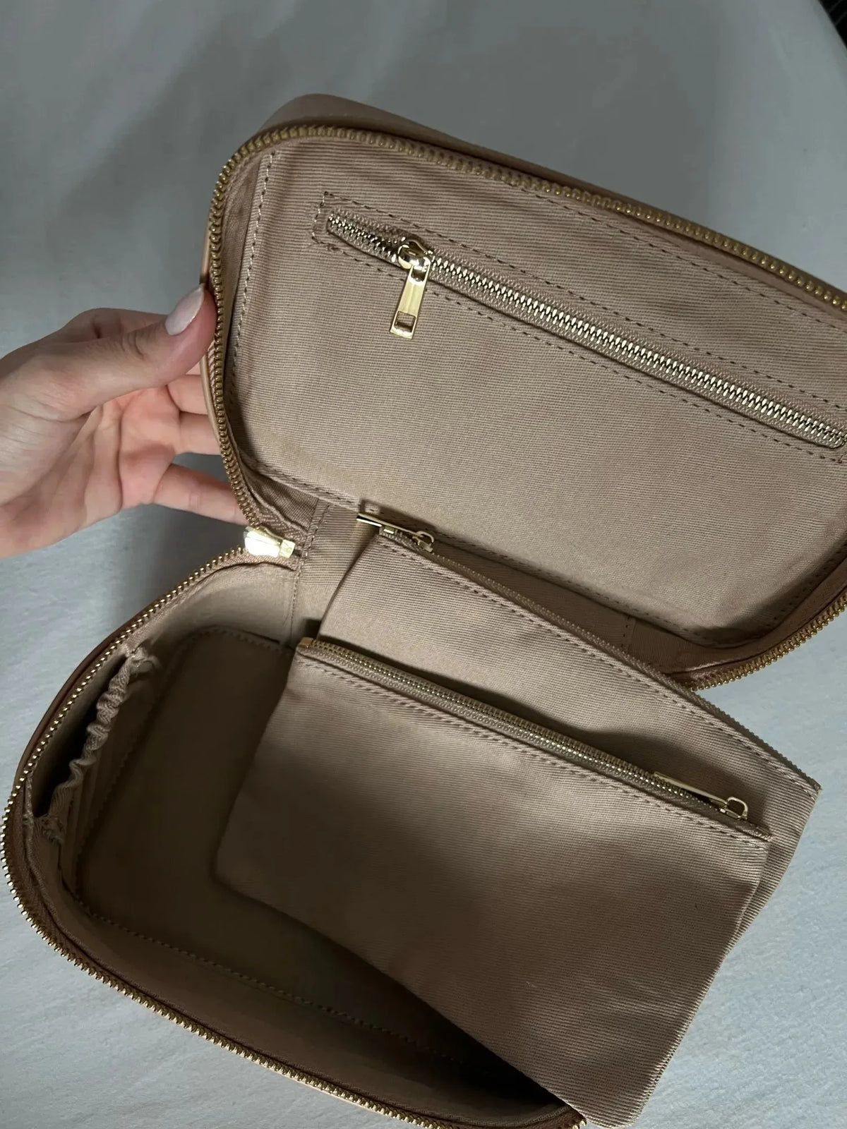 Custom Name Ladies Saffiano Split Leather Travel Toiletry Case Bag Portable Hanging Makeup Organizer Box Cosmetic Bag For Women