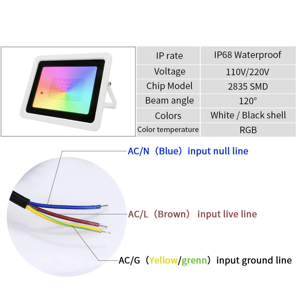 Led RGB Flood Light 20W 30W 50W 100W IP68 Outdoor Floodlight Spotlight AC 220V/110V Reflector Projector Lamp Garden RGB Lighting