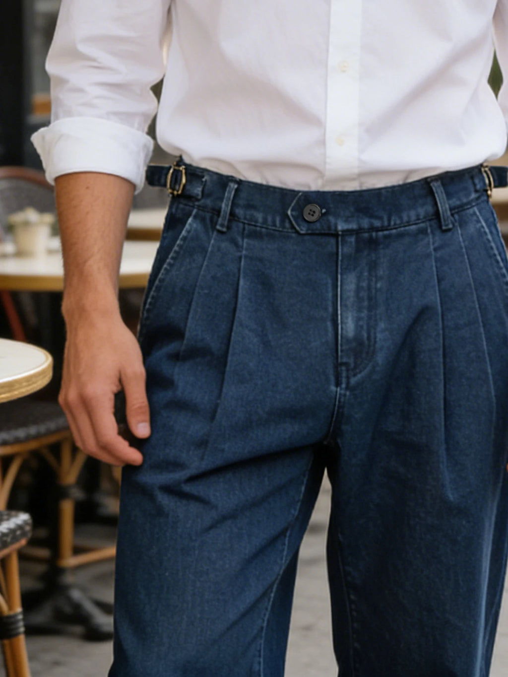 026 Spring Summer Men's Denim Look Woven Trousers, Neapolitan Double Pleat  High Waist Straight Leg Business Dress Pants