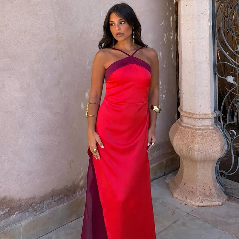 Color Block Twist Bust Slit Maxi Dress Spaghetti Strap Form-Fitting 2026 Summer Fashion Chic Bold Women Wedding Guest Gala Dress