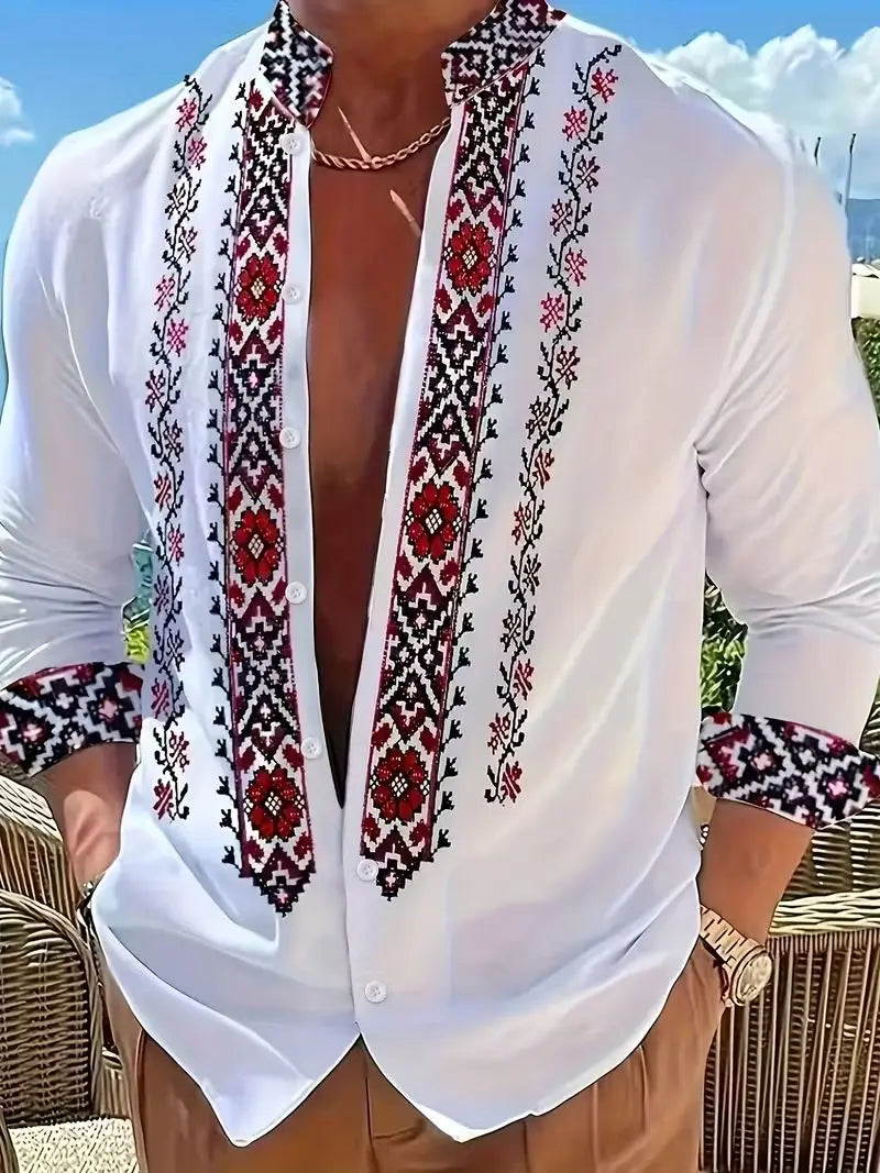 Men's Ethnic Embroidery Long Sleeved Shirt with Red and Black Floral Pattern, Comfortable and Fashionable Linen Long Shirt