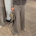 2026 Spring Knitted Long Pants Sets For Women Faux Fur Patchwork Zipper Sweater Jacket Wide Leg Trousers Lady Chic 2 Pieces Sets