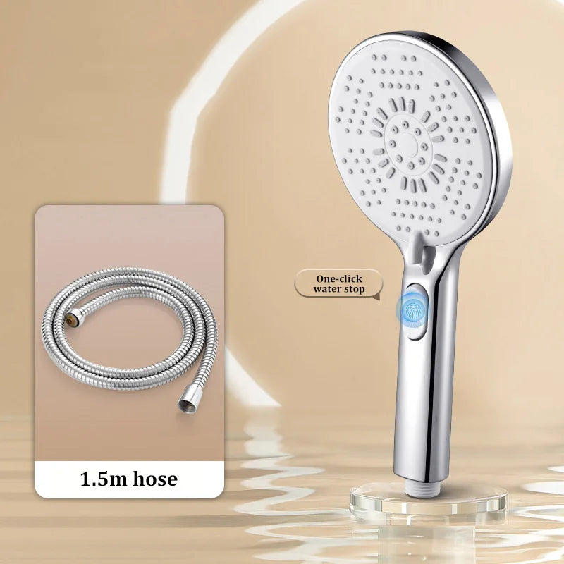 Bathroom Shower Head 5-function Large Water Output Booster Filter Handheld Shower One-button Water Stop Silicone Panel