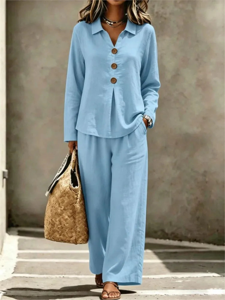 Women Solid Casual Two-piece Sets Autumn Lapel V-neck Button Long Sleeve Shirt Top & Wide-leg Pants Suit 2026 Commuting Outfits