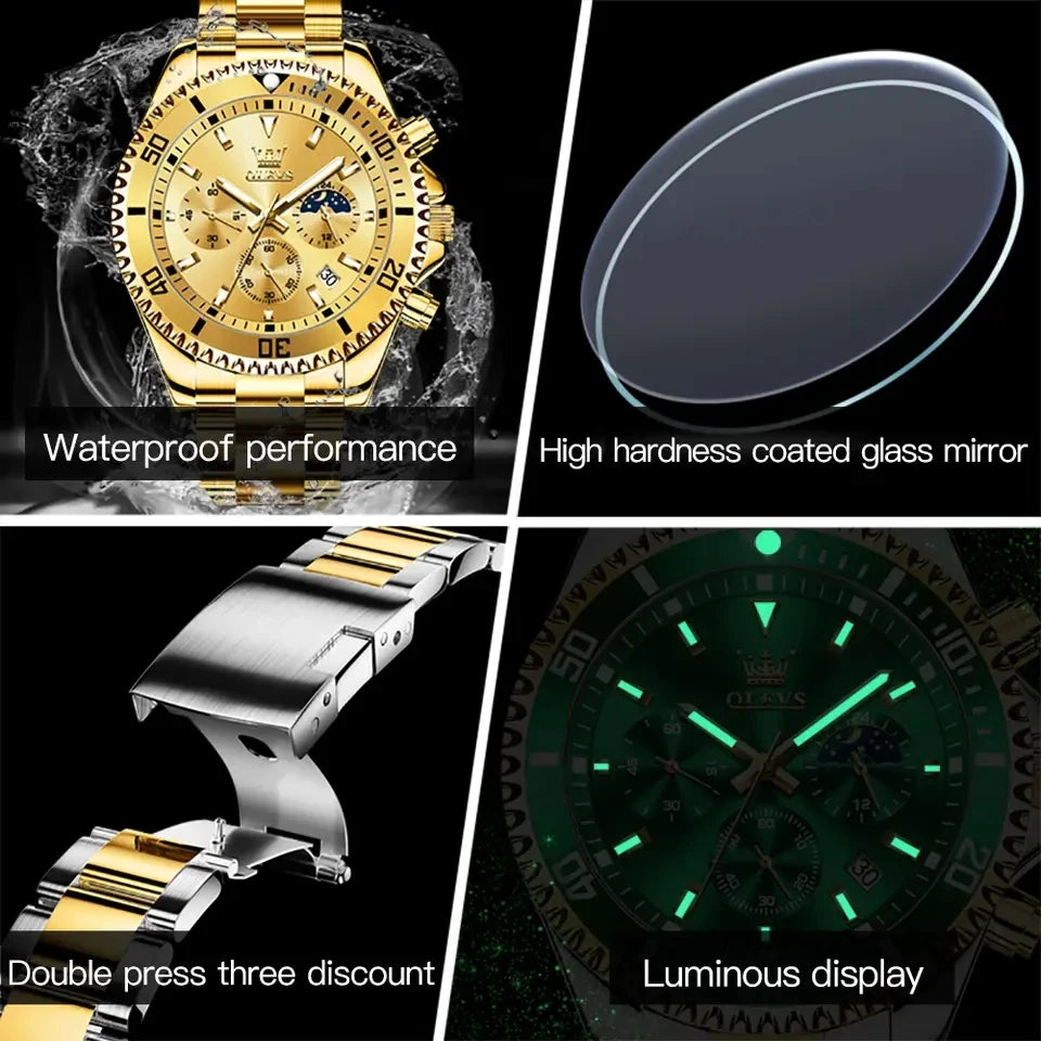 OLEVS 2870 Gold Men Watch Luxury Original Diving Series Men Watch Calendar Moon Phase Chronograph Sport Men Quartz Watch Gift