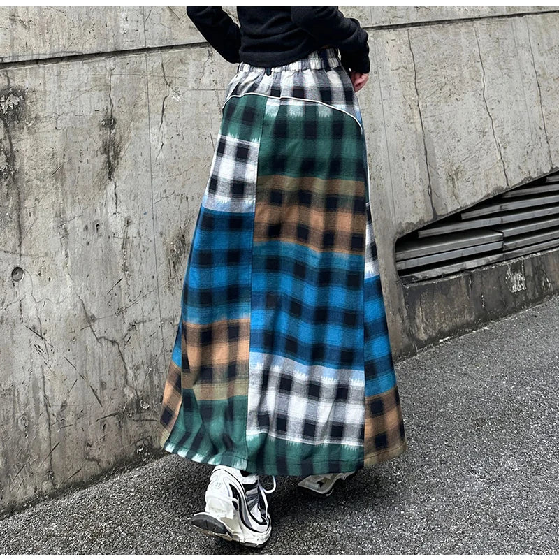 High Fashion Denim Skirt Women Elastic High Waist A-Line Long Skirt Female Colorful Patchwork Plaid Jean Skirt