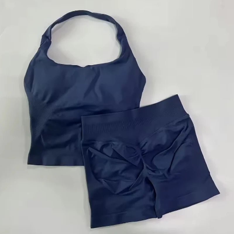 2DF-LOgo Women Halter 2Pcs Yoga Outfit PaddedCrop Tank High Waist Peach Butt ShortsSeamless Gym Pilates Sportswear