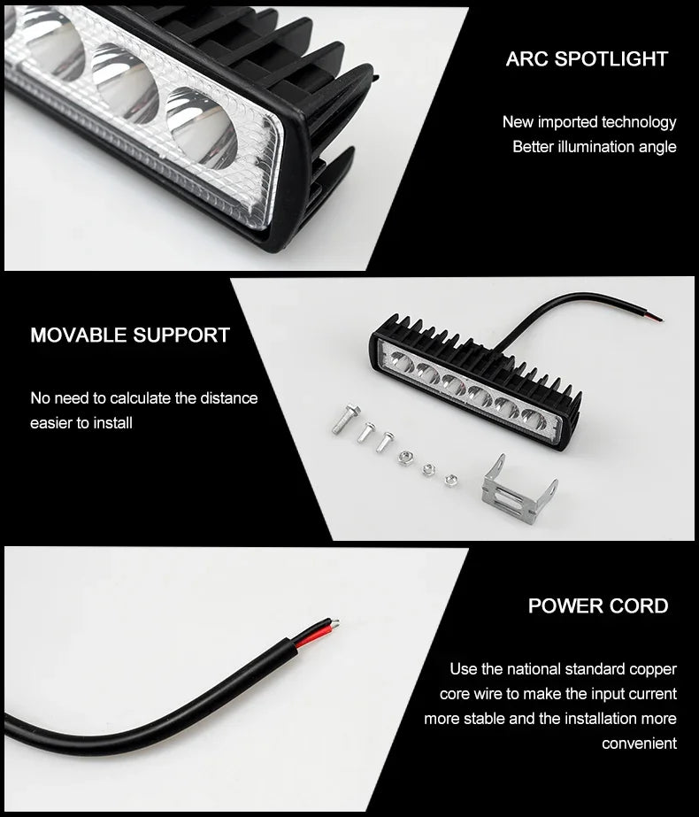 18w 6 LED Car Work Light High Bright Spotlight Universal Offroad Automobile Truck Driving Fog Headlights DRL Driving Lamp 12V