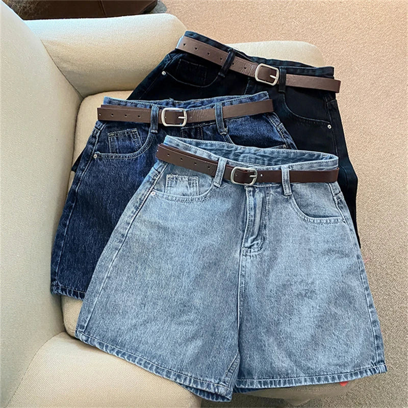 Denim Shorts Women's Summer New Wave High Waist Simple Slim Loose Wide Leg Joker A-pants Casual Straight Leg Pants Jeans
