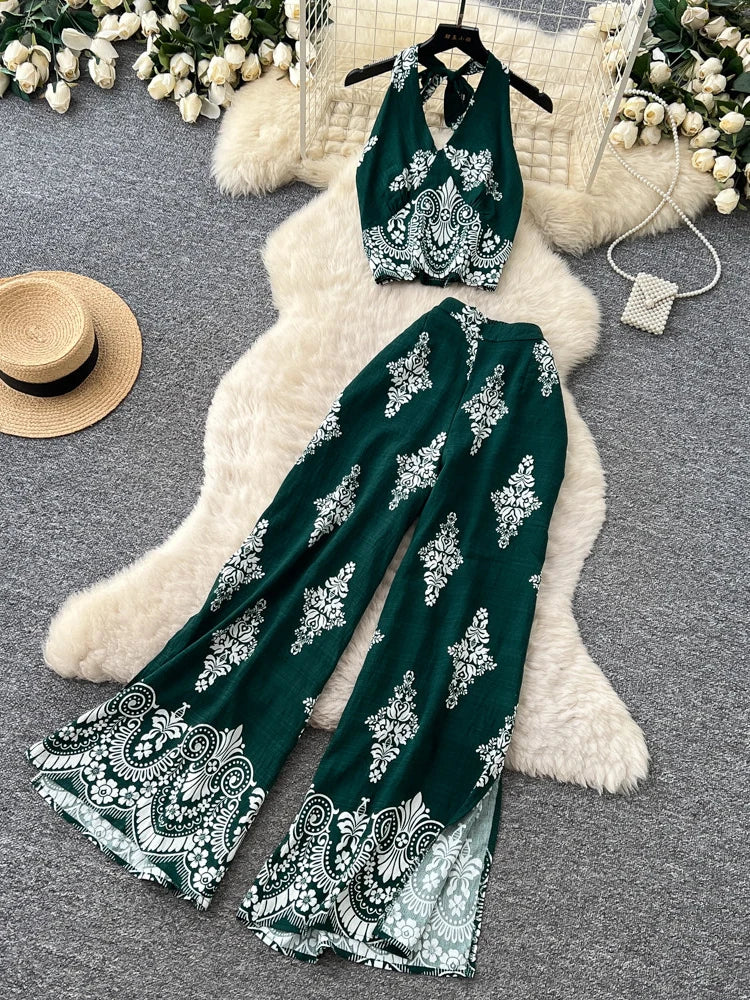 Women's Summer Two Pieces Bohemian Vacation Printed Halter Neck Sleeveless Top High Waist Wide Leg Pants Two-piece Set TP044