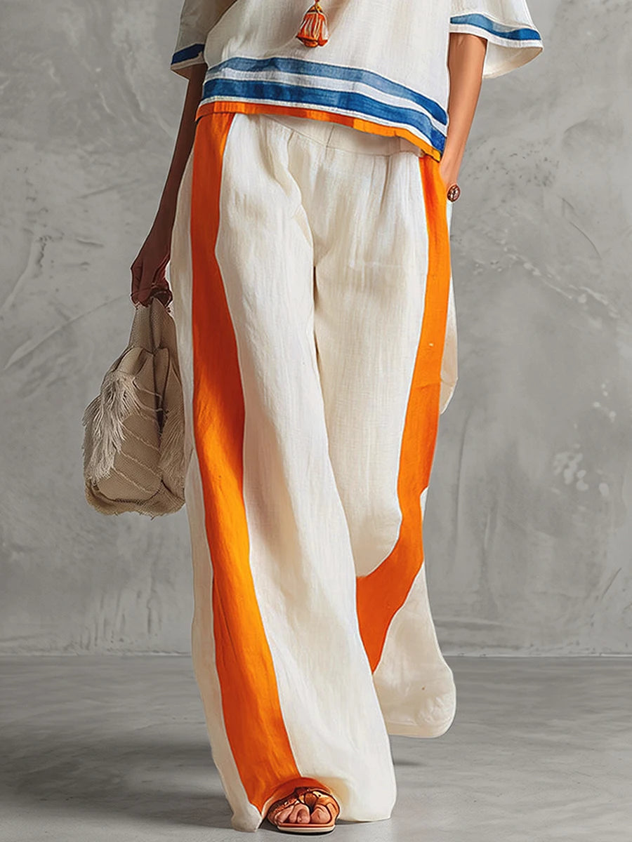 Women Boho 2 Piece Outfit Striped Trim Short Sleeve Tops Wide Leg Pants Summer Linen Casual Two Piece Set Vacation Suit