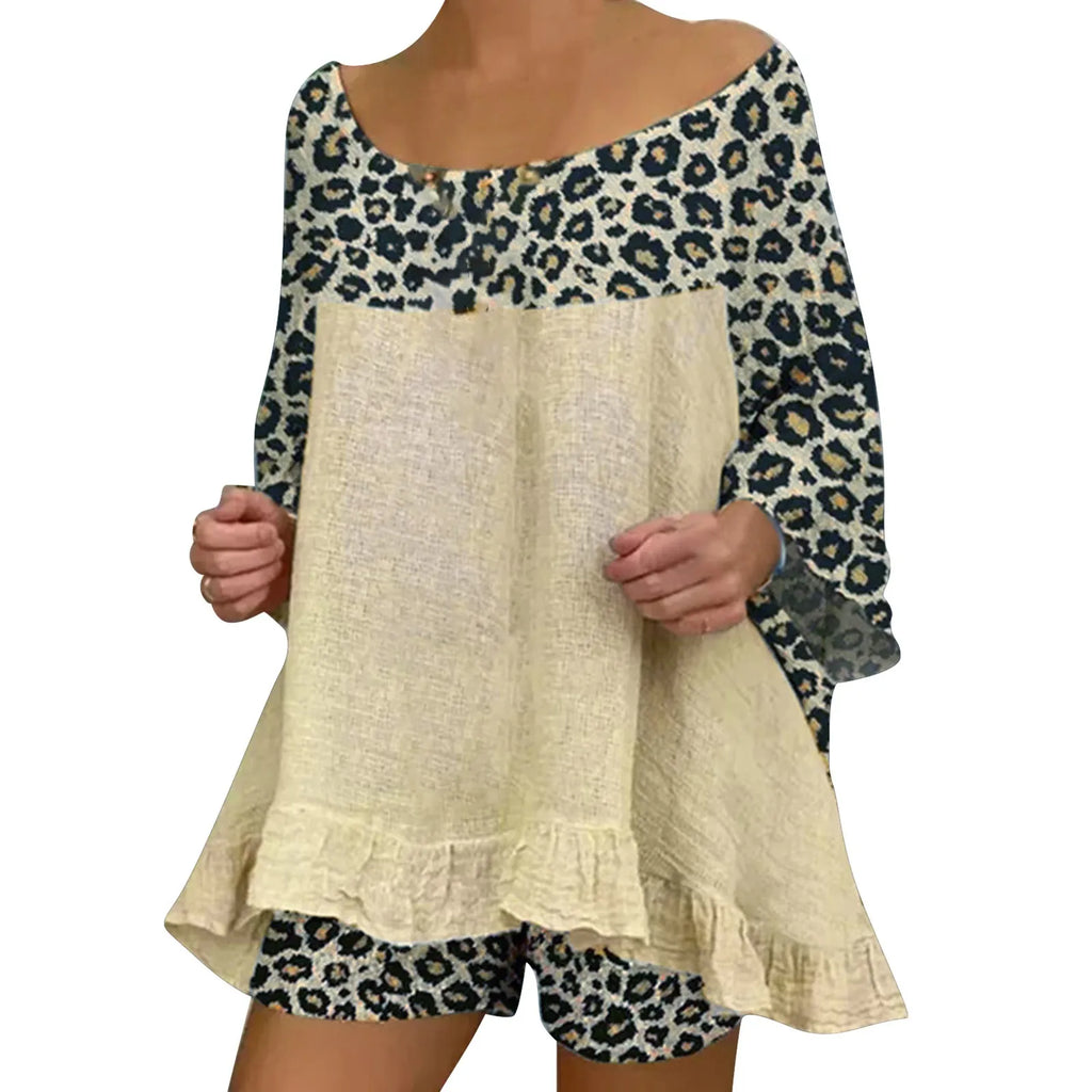 Women'S European And Fashion Leopard Print Stitching Loose Large Size Cotton And Linen Suit Ladies Board Shorts for Swimming