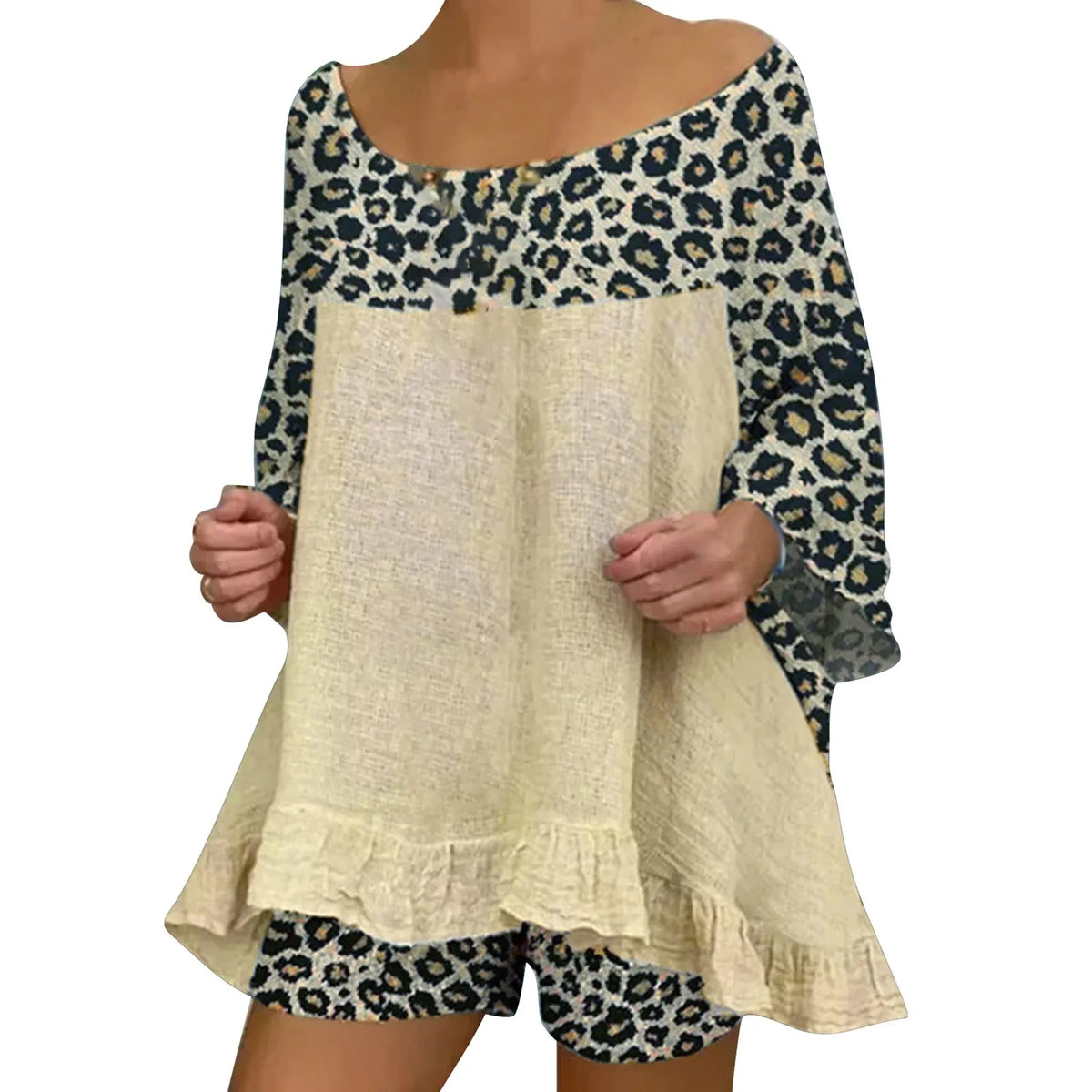 Women'S European And Fashion Leopard Print Stitching Loose Large Size Cotton And Linen Suit Ladies Board Shorts for Swimming