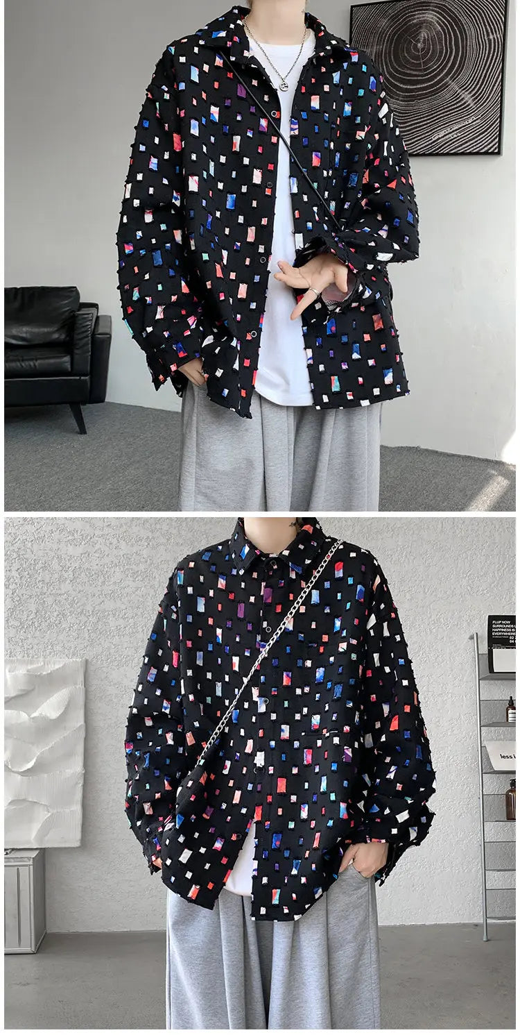 Cotton Hollow Out Shirt Men Oversized Colorful Plaid Shirt Men Streetwear Loose Long Sleeve Shirt Mens Hole Patch Shirts M-3XL