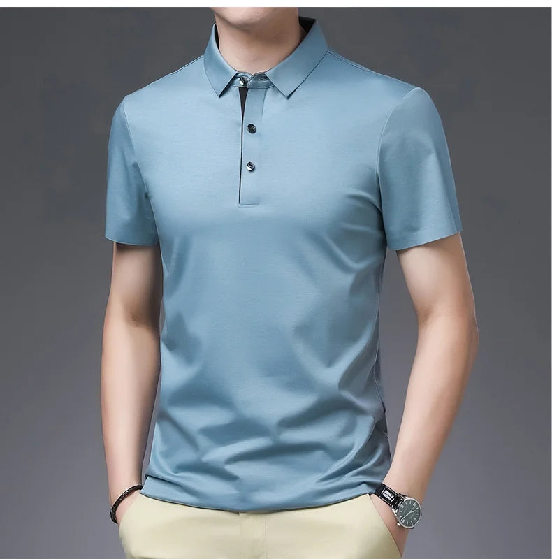 Bamboo Fiber Viscose And Cotton Blend Polo Shirt Men Short Sleeve Collar New Seamless T-shirt Summer Thin Lightweight Poloshirt