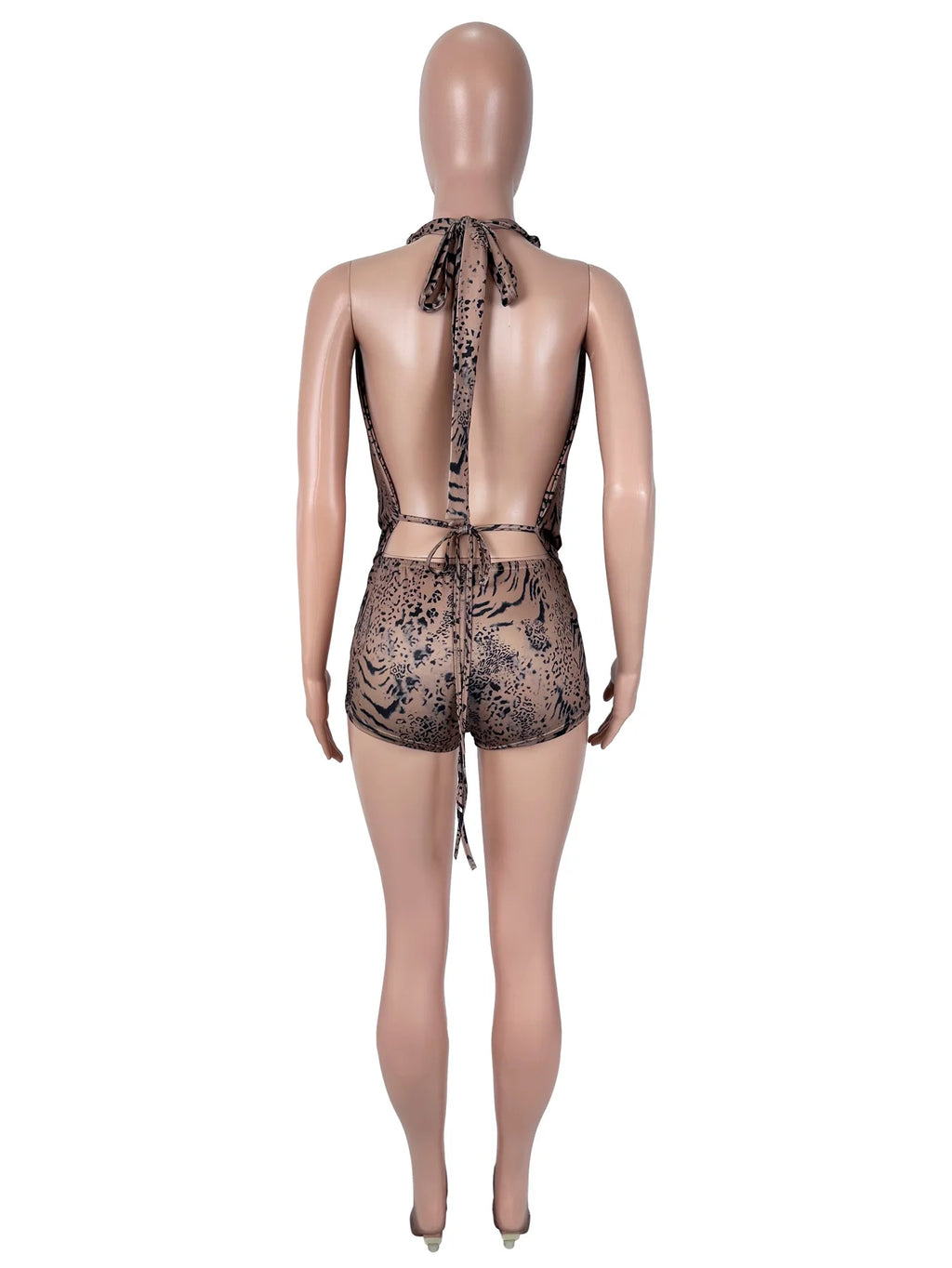 Sexy Leopard Print Halter 2 Piece Set Backless Top + Shorts