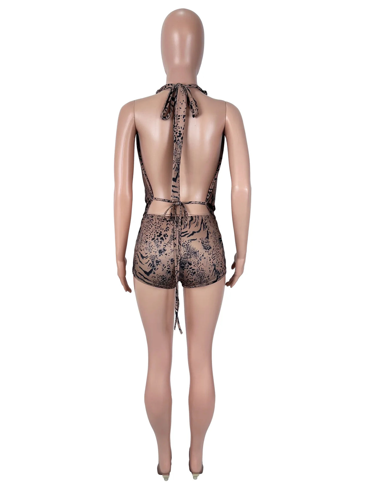 Sexy Leopard Print Halter 2 Piece Set Backless Top + Shorts