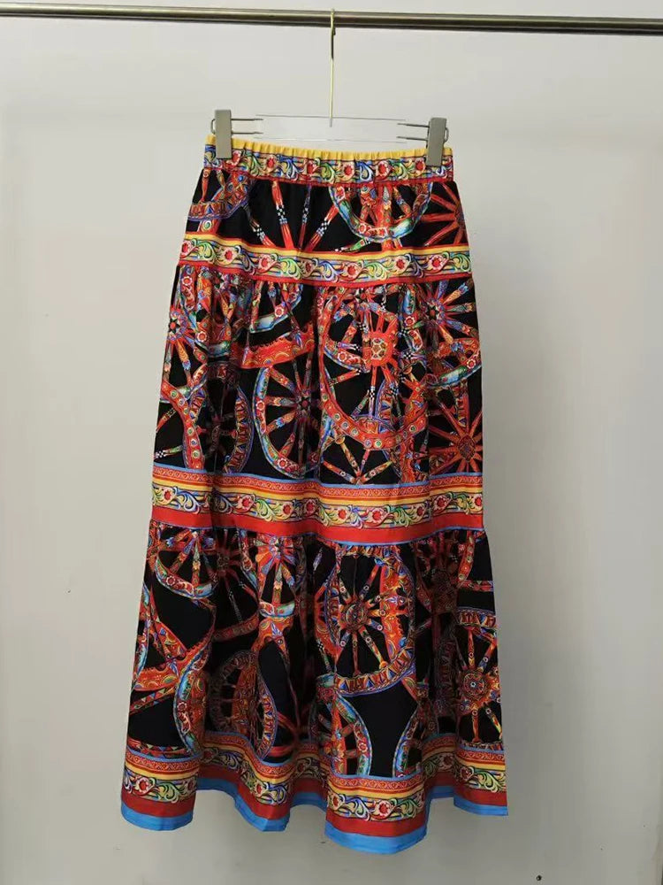 Retro geometric print sexy one neck short pullover two-piece set for 2026 summer women's clothing+elastic waist loose skirt set