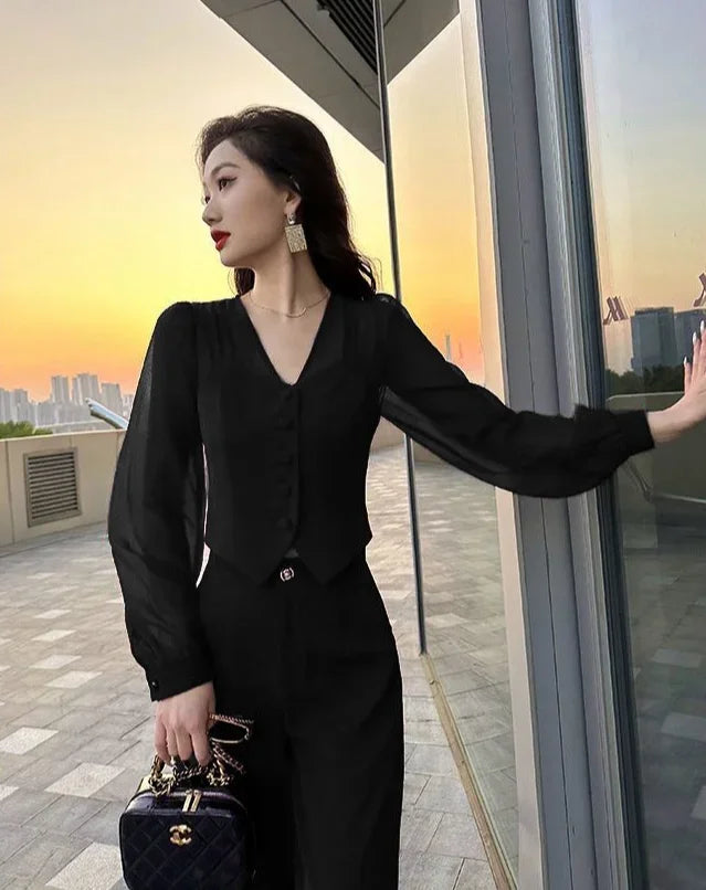 Women Pant Sets for 2 Pieces Red Sexy Holiday Outfits Trousers Woman Spring Autumn Shirt Blouse and Clothing Sales Luxury Full D