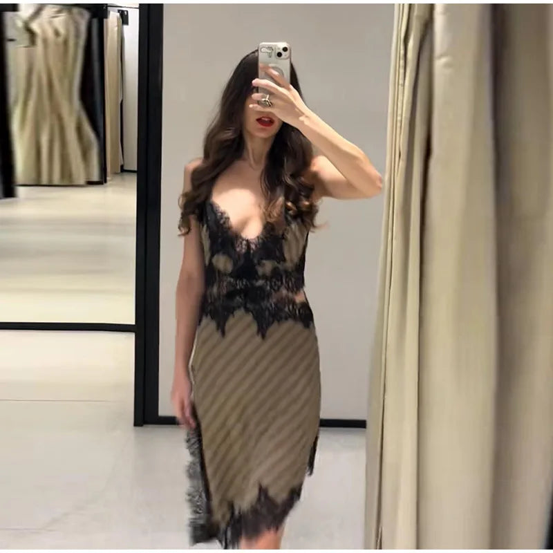 Lightweight Chiffon V-Neck Lace Insert Waist Maxi Dress Cutout Puff Sleeve 2026 Summer Women Party Dress Trendy Chic Lady Outfit